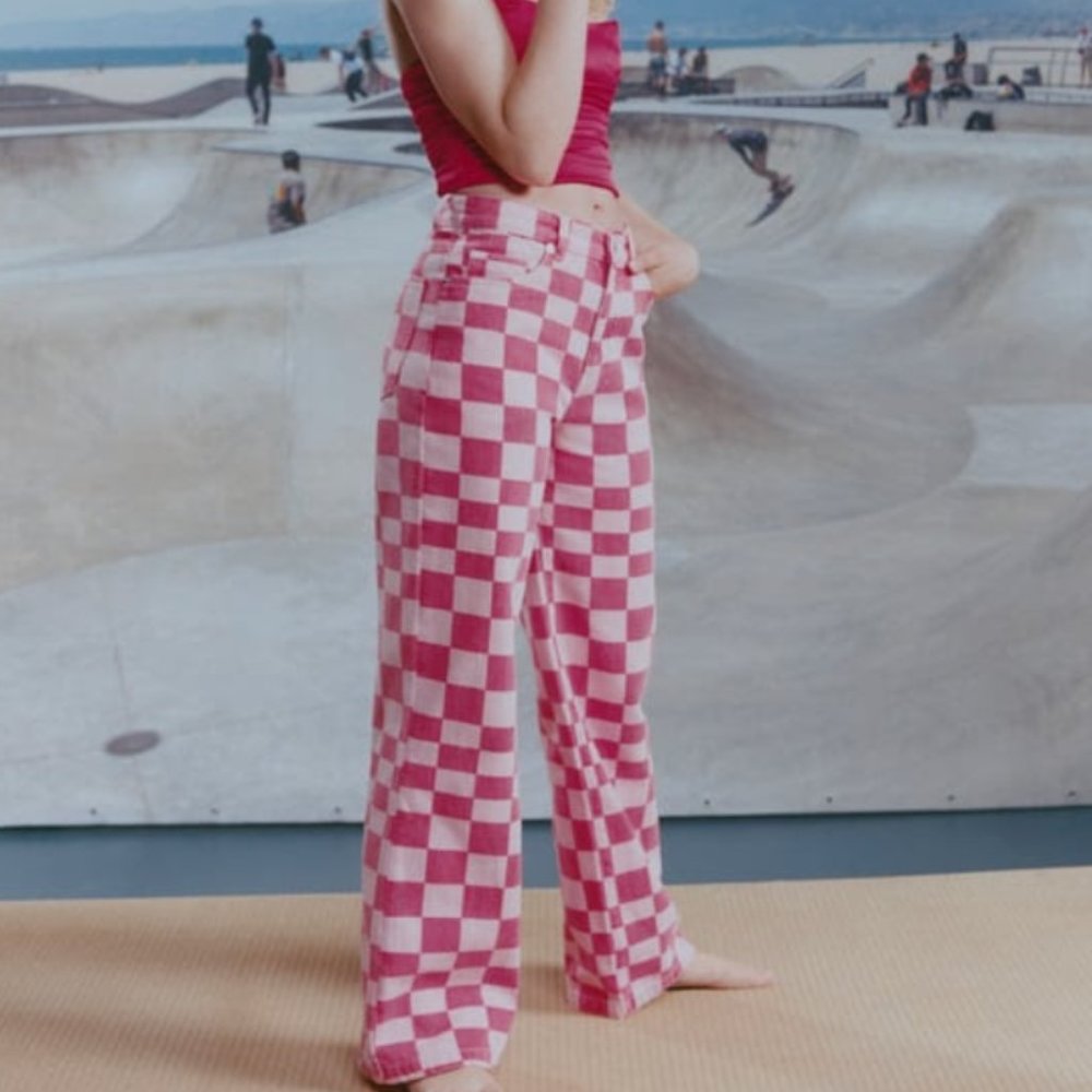 ZARA PINK WIDE LEG CHECKERED JEANS